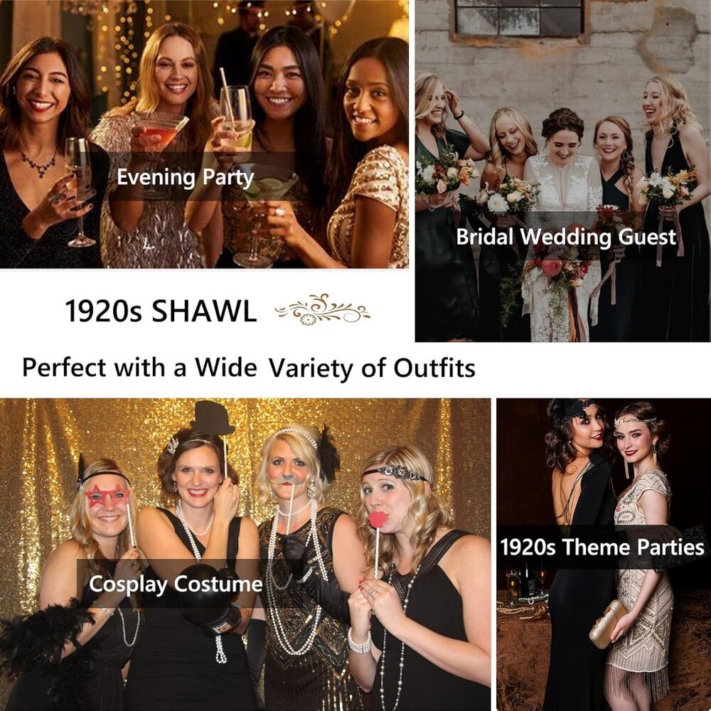 1920s Women’s Shawl Wraps Sequin Beaded Bridal Shawls Flapper Evening Cape - Picture 5 of 5